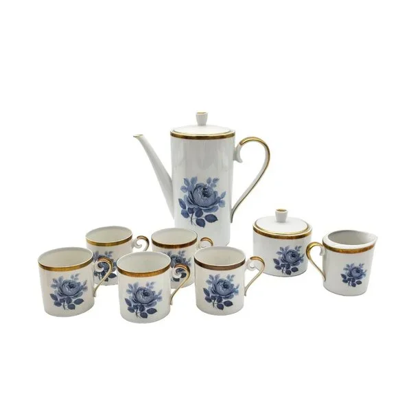 1940s Hackefors Porslin Sweden Coffee‎ Pot Teapot Set Demitasse Blue Floral Gold